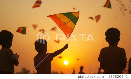 children flying tricolor kites 126820341