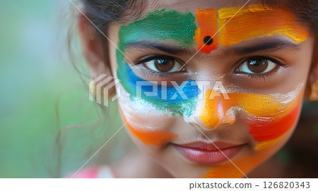 girl with face painted in indian flag colors 126820343