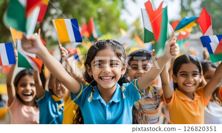school kids celebrating with flags 126820351