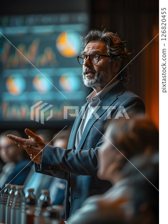economist presenting economic trends and interest rate decisions to investors 126820455