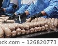 Close up of sausages production process at the meat factory. 126820773