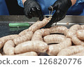 Close up of sausages production process at the meat factory. 126820776