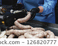 Close up of sausages production process at the meat factory. 126820777