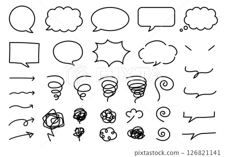 Speech bubbles, arrows, and hazy icon material. Manga illustrations. Hand-drawn vector material. 126821141