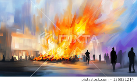 Holika Dahan celebration with bonfire and colorful smoke, background 126821214