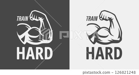 Vector Gym Logo, Gym Motivation Art. Gym Arm Icon for Fitness Apparel, Power Branding, Workout Poster, Sport Print, Bodybuilding Design, Training Graphic for Gym Wall, Merchandise, T-Shirt, Banner 126821248