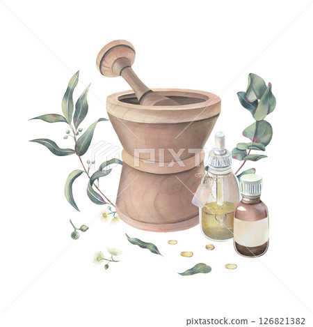 Eucalyptus branches with leaves, wooden mortar and pestle, glass bottles of essential oil watercolor isolated on white. Botanical illustration of medicinal herbs hand drawn for aromatherapy label Eucalyptus branches with leaves, wooden mortar and pestle, glass bottles of essential oil watercolor isolated on white. Botanical illustration of medicinal herbs hand drawn for aromatherapy label 126821382