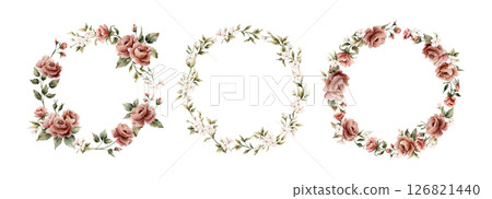 Rose flower wreath set. Dusty pink garden flowers round arrangements. Watercolor hand painted floral isolated illustration for wedding design, textile, porcelain crockery, cosmetic package, labels Rose flower wreath set. Dusty pink garden flowers round arrangements. Watercolor hand painted floral isolated illustration for wedding design, textile, porcelain crockery, cosmetic package, labels 126821440