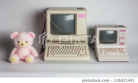 Vintage computers and pink teddy bear with classic monitors and keyboards in retro setup 126821481