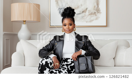African female adult in stylish outfit sitting on sofa in contemporary living room African female adult in stylish outfit sitting on sofa in contemporary living room 126821482