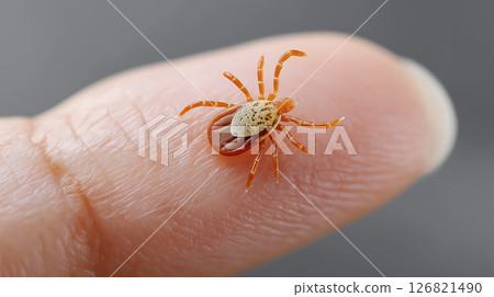 Close-up view of tick on human finger: detailed examination of arachnid parasite 126821490