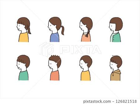 Various children, boys and girls hand-drawn illustration set (upper body, sideways) 126821518
