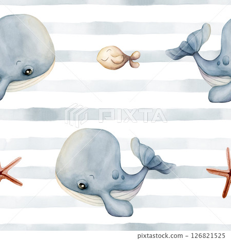 Cute whale, sea fish and starfish. Adorable underwater world. Watercolor summer blue striped seamless pattern on white background for kids baby nursery textile fabric, wrapping paper, pastel neutral 126821525