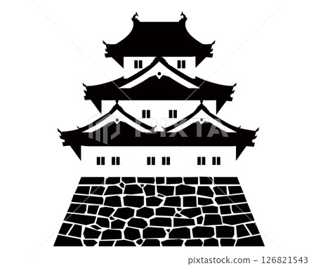 黑白插圖：一座日本城堡，有三層塔樓和砲塔 126821543