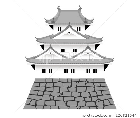 Illustration of a Japanese castle with a three-story tower and turret 126821544