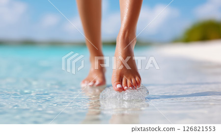 Close-up of female feet walking on a tropical beach shoreline in sunlight 126821553