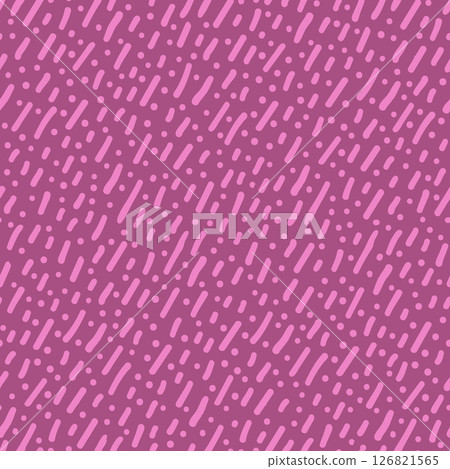 Seamless pattern of pink hand-drawn dashes and dots on a purple background. Ink texture with crosshatch and scribble feel. Great for stationery, textile, and digital. Drag to swatches panel to use. 126821565