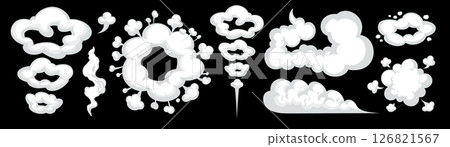 Cartoon smoke cloud with comic puff, speed, and motion effect on black background. Vector Smoke shapes and clouds in dynamic comic style. Great for action scenes, games, and animation Cartoon smoke cloud with comic puff, speed, and motion effect on black background. Vector Smoke shapes and clouds in dynamic comic style. Great for action scenes, games, and animation 126821567