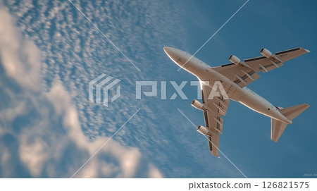 Passenger airplane soaring in blue sky with clouds Passenger airplane soaring in blue sky with clouds 126821575