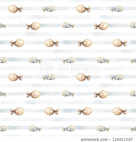 Cute fishes. Watercolor hand painted summer blue striped seamless pattern on white background. Cute pastel neutral underwater ocean marine life for kids baby nursery textile fabric, wrapping paper Cute fishes. Watercolor hand painted summer blue striped seamless pattern on white background. Cute pastel neutral underwater ocean marine life for kids baby nursery textile fabric, wrapping paper 126821587