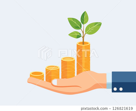 Illustration of stacked gold coins with a growing green plant in a hand, symbolizing wealth building, smart finance, and eco-friendly investments, on a simple white background with open space. 126821619