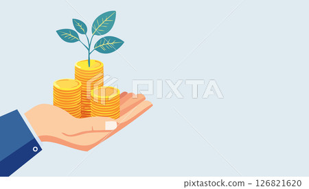 Minimal style art showing a human hand lifting coin stacks topped with a green sprouting plant, representing saving, return on investment, and economic growth with copy space to the right. 126821620