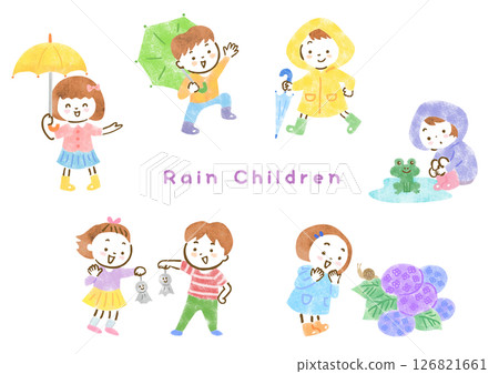 一組孩子們享受下雨天的插圖 126821661