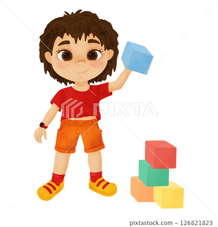 A little boy, a cartoon character with colorful game cubes, a handmade digital illustration on a white background. An element for the design 126821823