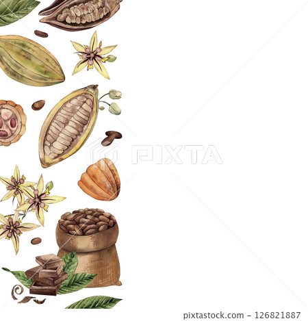 Square damask with cocoa beans, leaves, flowers, chocolate tree grains, with a bag full of seeds. Watercolor illustration painted with watercolors in a botanical style. For packaging, cards, printing 126821887