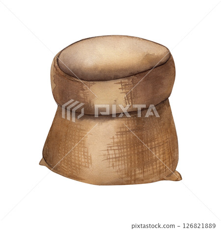 Watercolor illustration of an empty burlap sack or jute bag. Rustic brown hand-painted grain sack for farm, harvest, storage, food packaging, eco product design, market, or organic branding themes 126821889