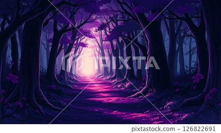 Mysterious forest path glows in anime style, with vivid purples and eerie surreal light. 126822691