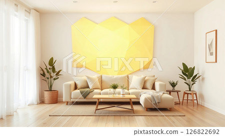 Origami-style room with golden light, folded paper effect, beige tones, soft high-res look. 126822692