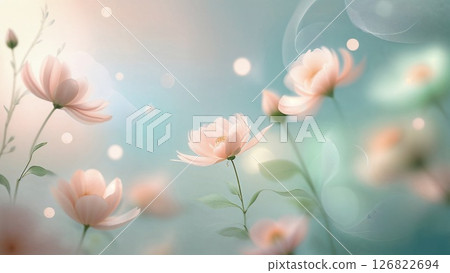 Peach, blue, mint pastel flowers with dreamy glow and blurred texture, whimsical mood. 126822694