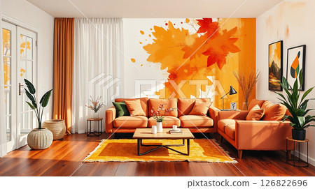 Warm abstract acrylic with autumn tones, earthy vibe, vibrant strokes, cozy sofa, soft light. 126822696
