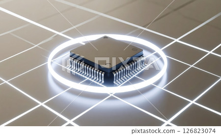 Close-up of a microchip processor with glowing circular highlight on a modern grid surface for technology innovation 126823074