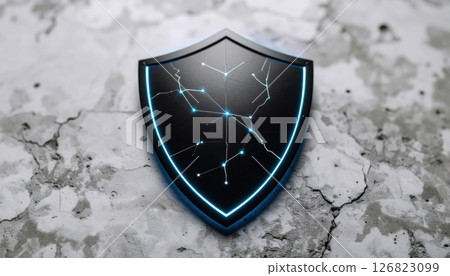 Futuristic digital shield icon with glowing blue circuit lines on cracked concrete surface background Futuristic digital shield icon with glowing blue circuit lines on cracked concrete surface background 126823099