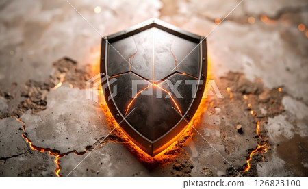 Protective shield with glowing cracks lying on cracked scorched earth surface symbolizing security and strength Protective shield with glowing cracks lying on cracked scorched earth surface symbolizing security and strength 126823100