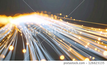 Abstract fiber optic light trail with glowing sparks and dynamic movement in a futuristic cyber aesthetic scene 126823135