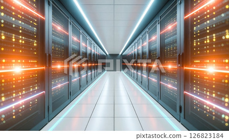 Futuristic data center hallway with illuminated server racks and vibrant lighting reflecting modern technology 126823184