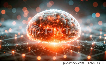 Digital artificial ligence concept illustrating a glowing connected brain with futuristic network visualization 126823310
