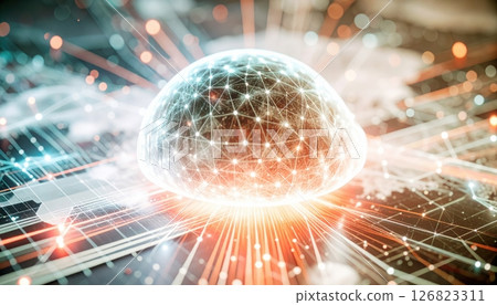 Futuristic glowing spherical digital network globe with interconnected data points on a technological background 126823311