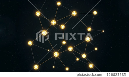 Minimalist top-down blockchain with glowing orbs in deep space. 126823385