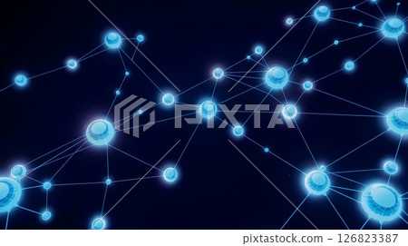 Cool-toned blockchain network of glowing orbs, sci-fi view. 126823387