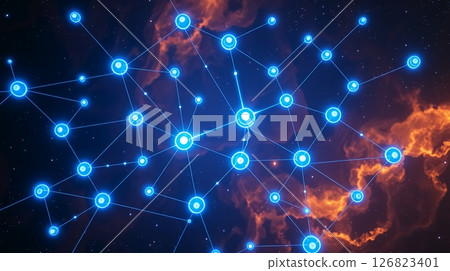 Overhead blockchain with blue nodes and nebula background. 126823401