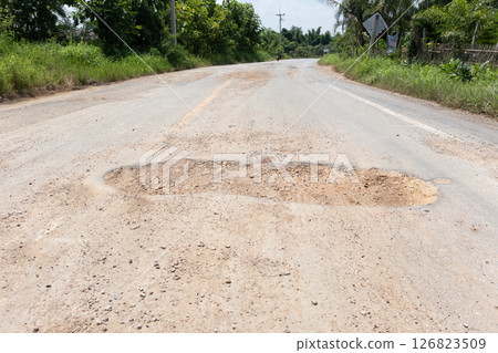 Asphalt road surface crack or damage. 126823509