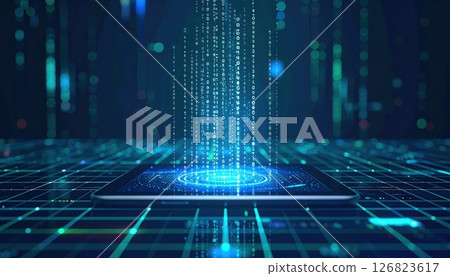 Digital stream of data flowing onto a tablet screen with glowing lines and grid in blue futuristic design. Digital stream of data flowing onto a tablet screen with glowing lines and grid in blue futuristic design. 126823617