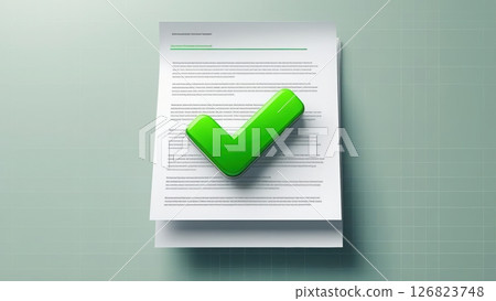 Document with a large green checkmark symbolizing approval verification validation and successful completion 126823748