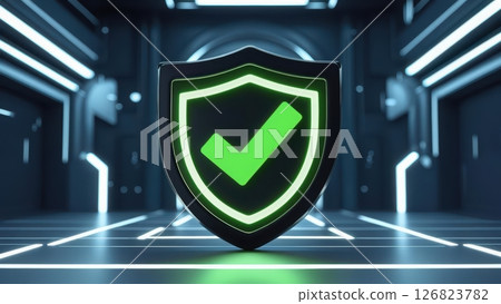 Modern digital security shield with green checkmark on futuristic glowing technology background Modern digital security shield with green checkmark on futuristic glowing technology background 126823782