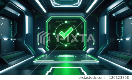 Futuristic high-tech digital security check with glowing green checkmark in sci-fi environment 126823808