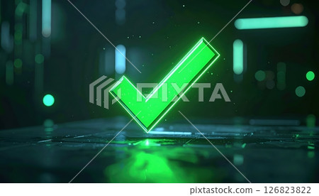 Bright green checkmark symbol glowing in digital environment with reflections and blurred background Bright green checkmark symbol glowing in digital environment with reflections and blurred background 126823822